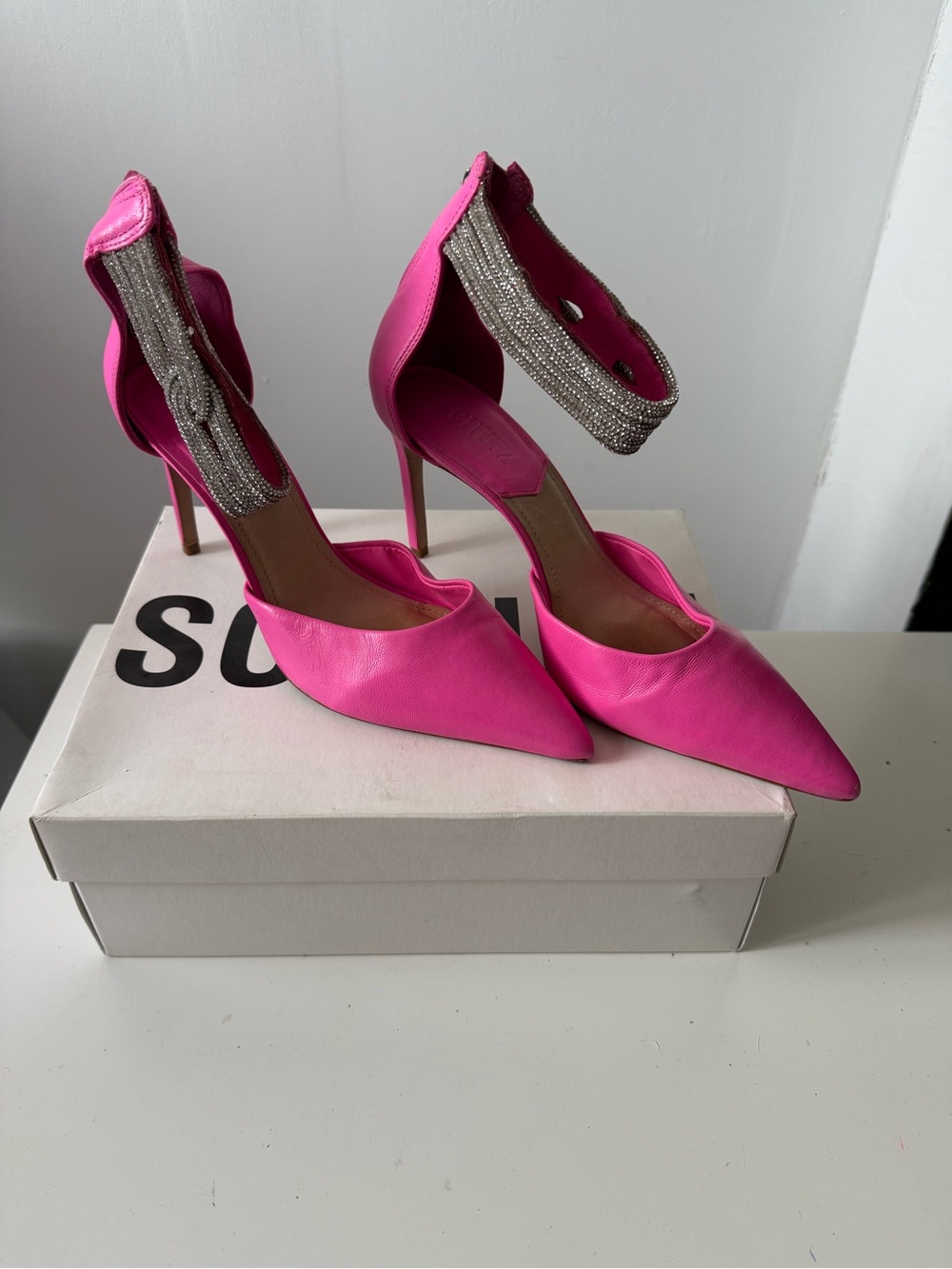 Schultz Women's Pink Pointed-Toe Stiletto Heels with Embellished Ankle Strap